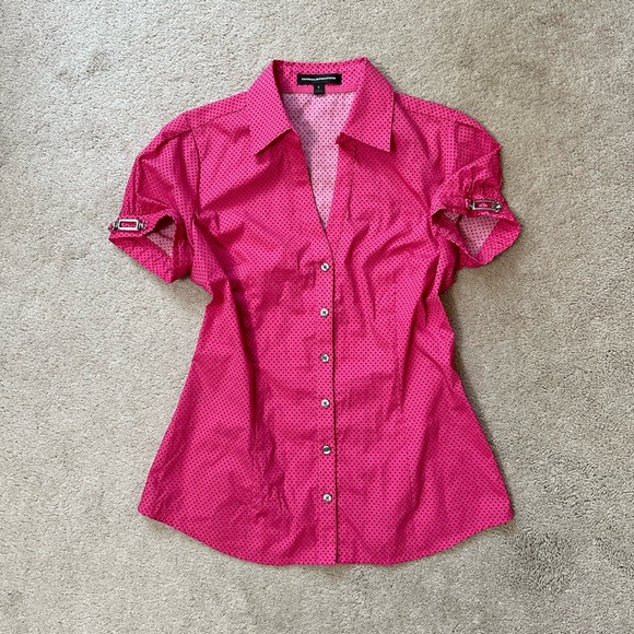 Vintage Y2K Office Siren Pink Black Polka Dot Chain Hardware Blouse Express S - Picture 1 of 6